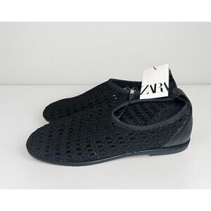ZARA Black Woven Crochet Flat Shoes Slip On Ballet Flats Women US 7.5 EU 38 NEW